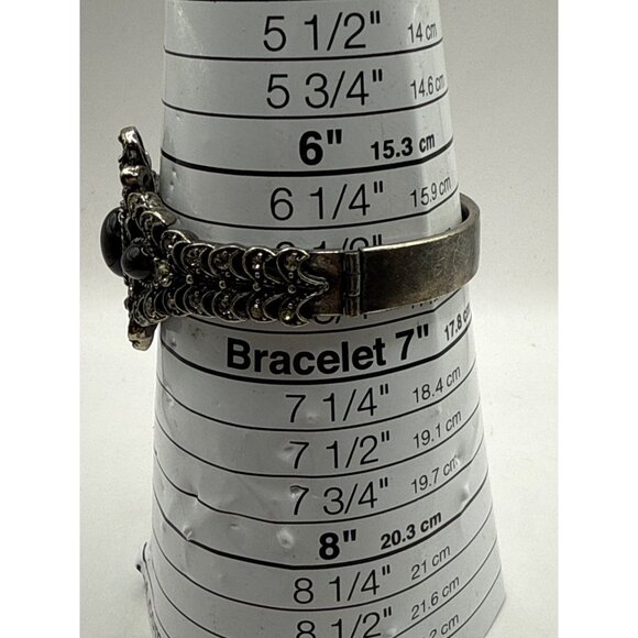 Vintage Hollycraft Silver-Tone Ornate Hinged Bracelet With Black Stones & Safety - Picture 2 of 8